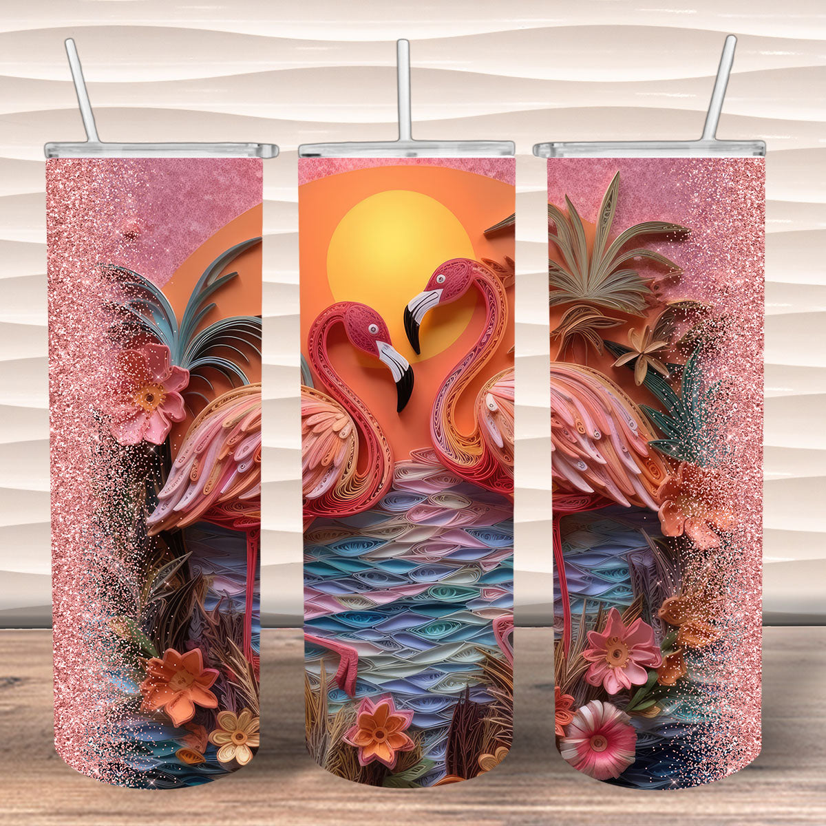 3D Sunset Flamingos