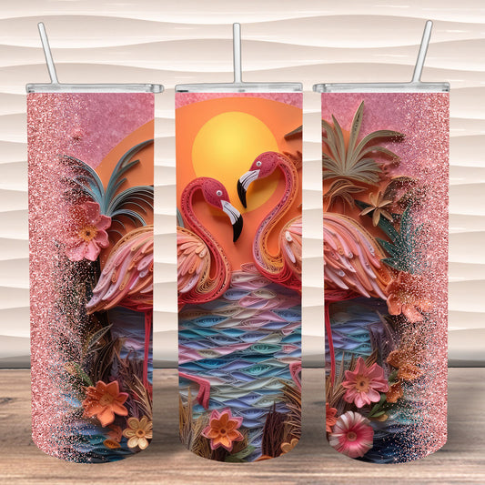 3D Sunset Flamingos