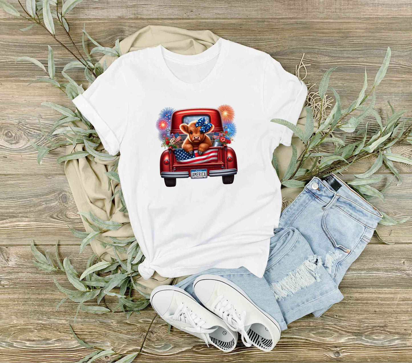 Patriotic highland cow in vintage red truck T-Shirt