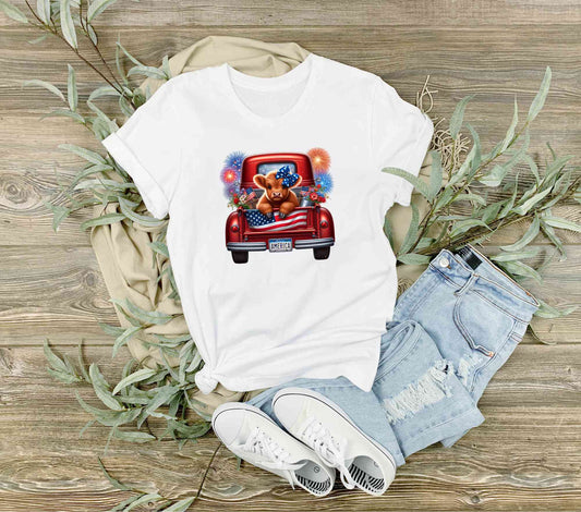 Patriotic highland cow in vintage red truck T-Shirt