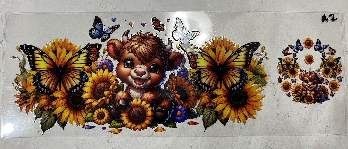 A2 Baby cow with yellow sunflowers and yellow butterflies with lid