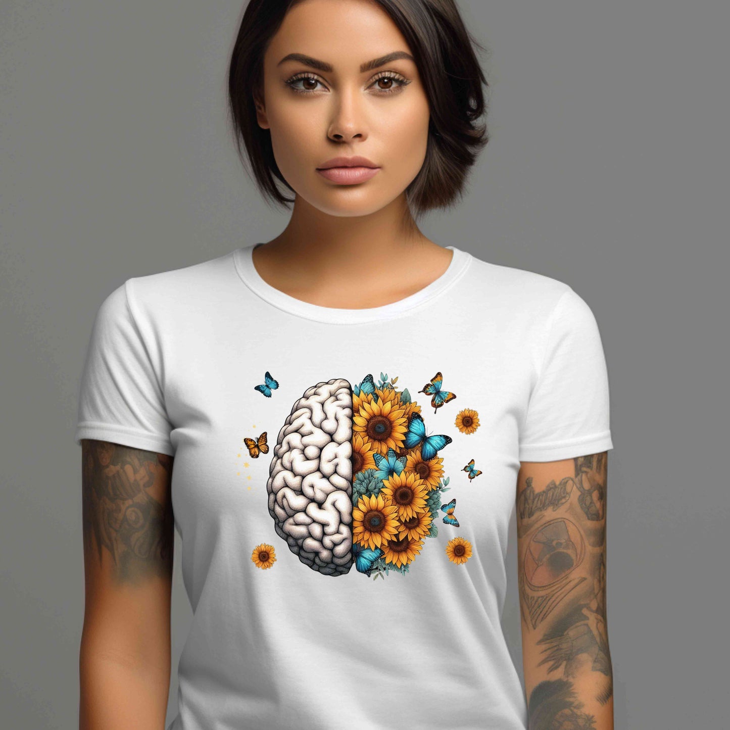 Brain with beautiful sunflowers and butterflies T-Shirt